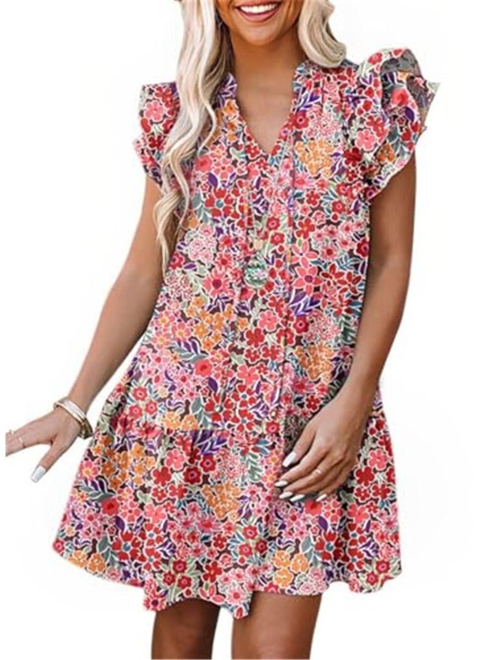 Womens Ruffle Cap Sleeve Mini Sundress VNeck Drawstring Floral Swing Babydoll
